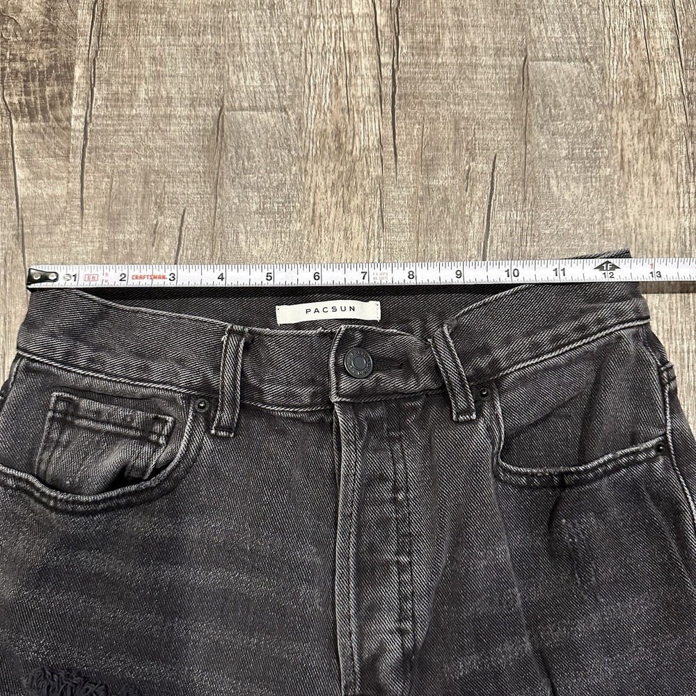 Pacsun Black High Rise Straight Denim Jeans Sz 26 Distressed Button‎ Fly Raw Hem - Picture 2 of 10